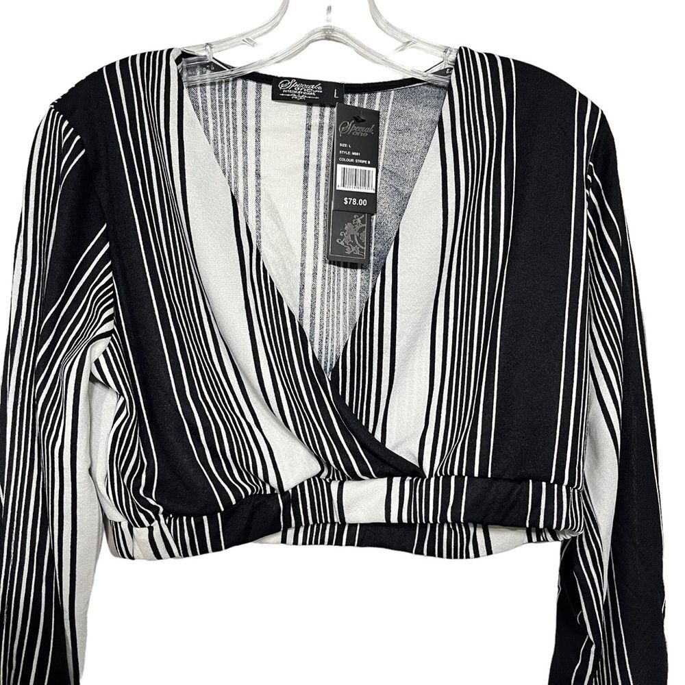 Special One Los Angeles Cropped Black White Stripes Long Sleeve Boho Silky Top